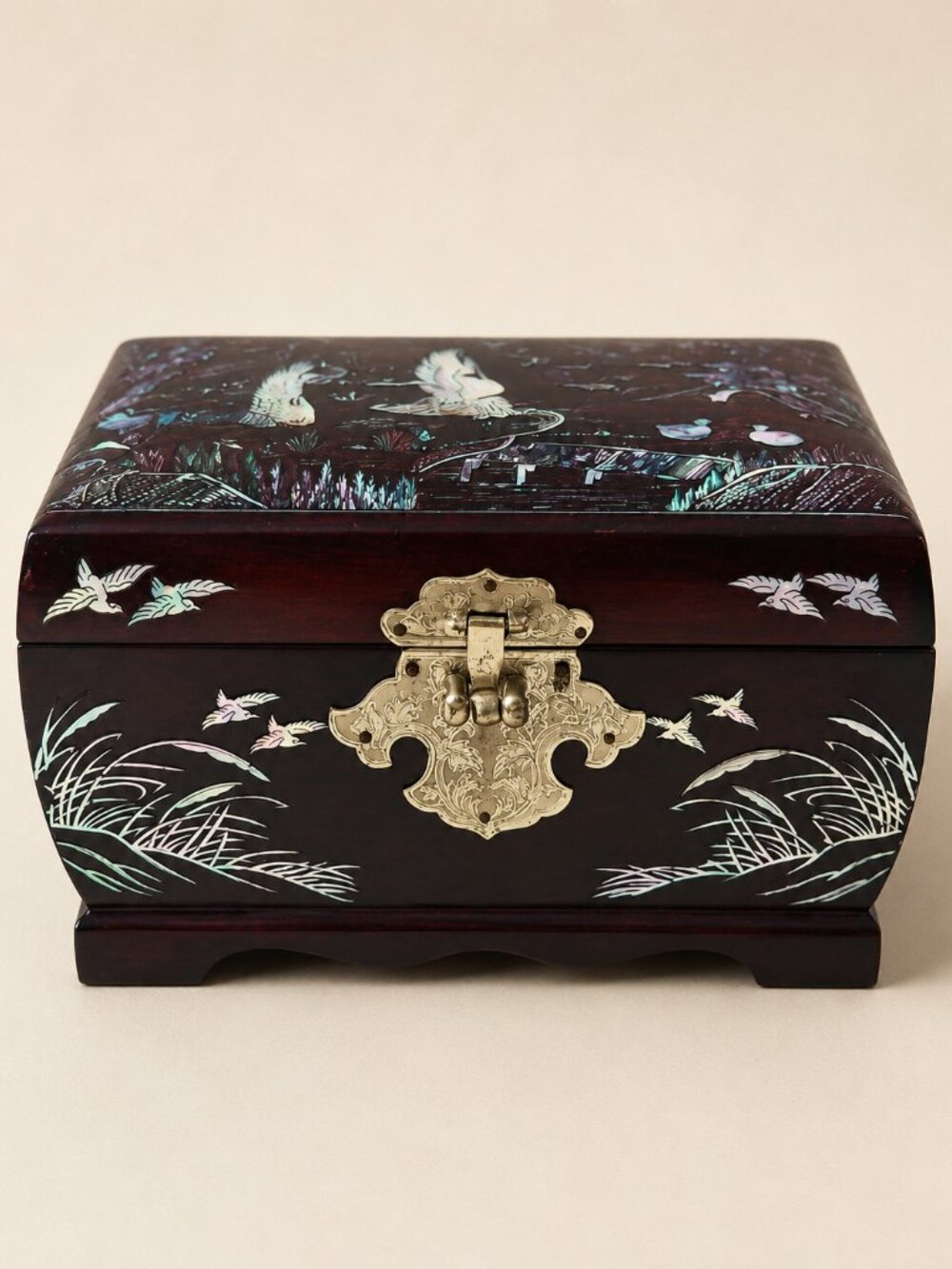 Mother of Pearl Inlay Jewelry Box Birds Floral Asian